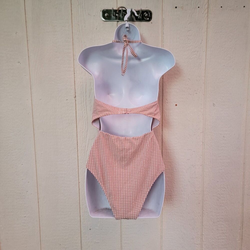 aerie gingham plaid cut out onepiece Cheeky swimsuit wht/brn sz L beach coastal - Picture 2 of 5